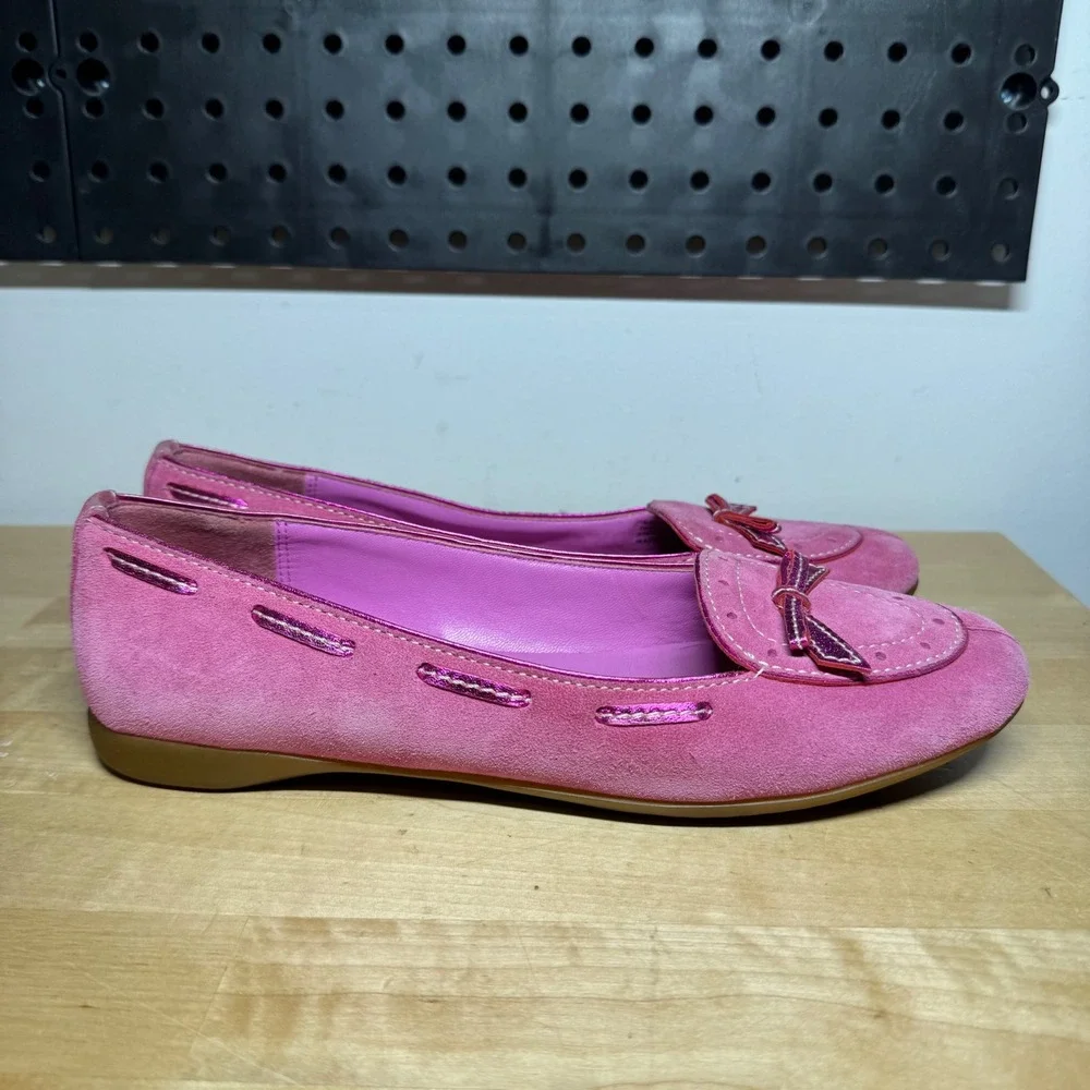 Coach Pink Suede Flats Metallic Bow Loafers Barbiecore A00262 Womens Size 7.5B